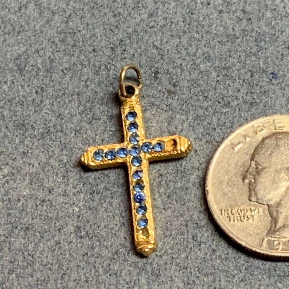 Gold Blue Rhinestone Cross Pendant As Is Religious Catholic Christian Bling Glam